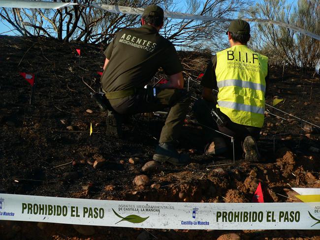 Dos agentes de medio ambiente investigan las causas de un incendio forestal en Castilla-La Mancha (foto: Coordinadora Federal de Agentes Forestales y Medioambientales de CCOO).