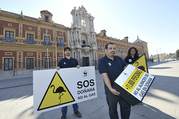 Protesta de WWF frente al Palacio de San Telmo (Sevilla), sede de la Presidencia de la Junta de Andalucía, contra el proyecto de almacén subterráneo de gas en Doñana (foto: Millán Herce / WWF España).