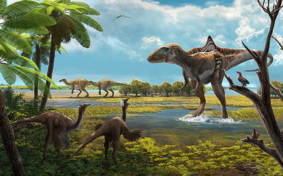 Hace 126 millones de años el yacimiento de Las Hoyas (Cuenca) era un humedal subtropical visitado por varias especies de dinosaurios (ilustración: Óscar Sanisidro).

