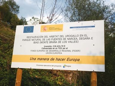 Cartel en uno de los principales refugios del urogallo cantábrico, el Parque Natural de las Fuentes del Narcea (Asturias), en el que se anuncia las medidas en el hábitat de la especie discutidas en este artículo (foto: Damián Ramos).
